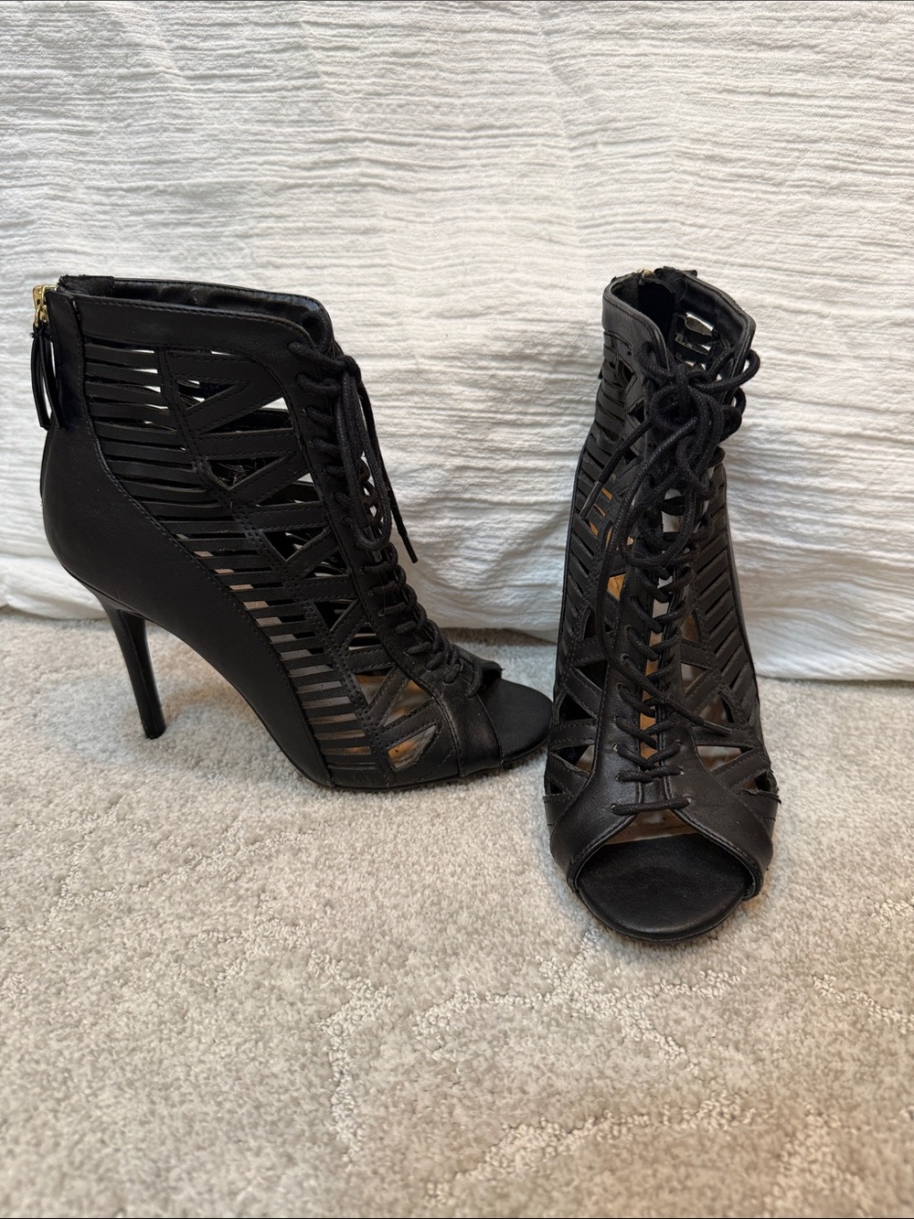 Anne Michelle Black Lace-Up Cutout Peep-Toe Stilettos